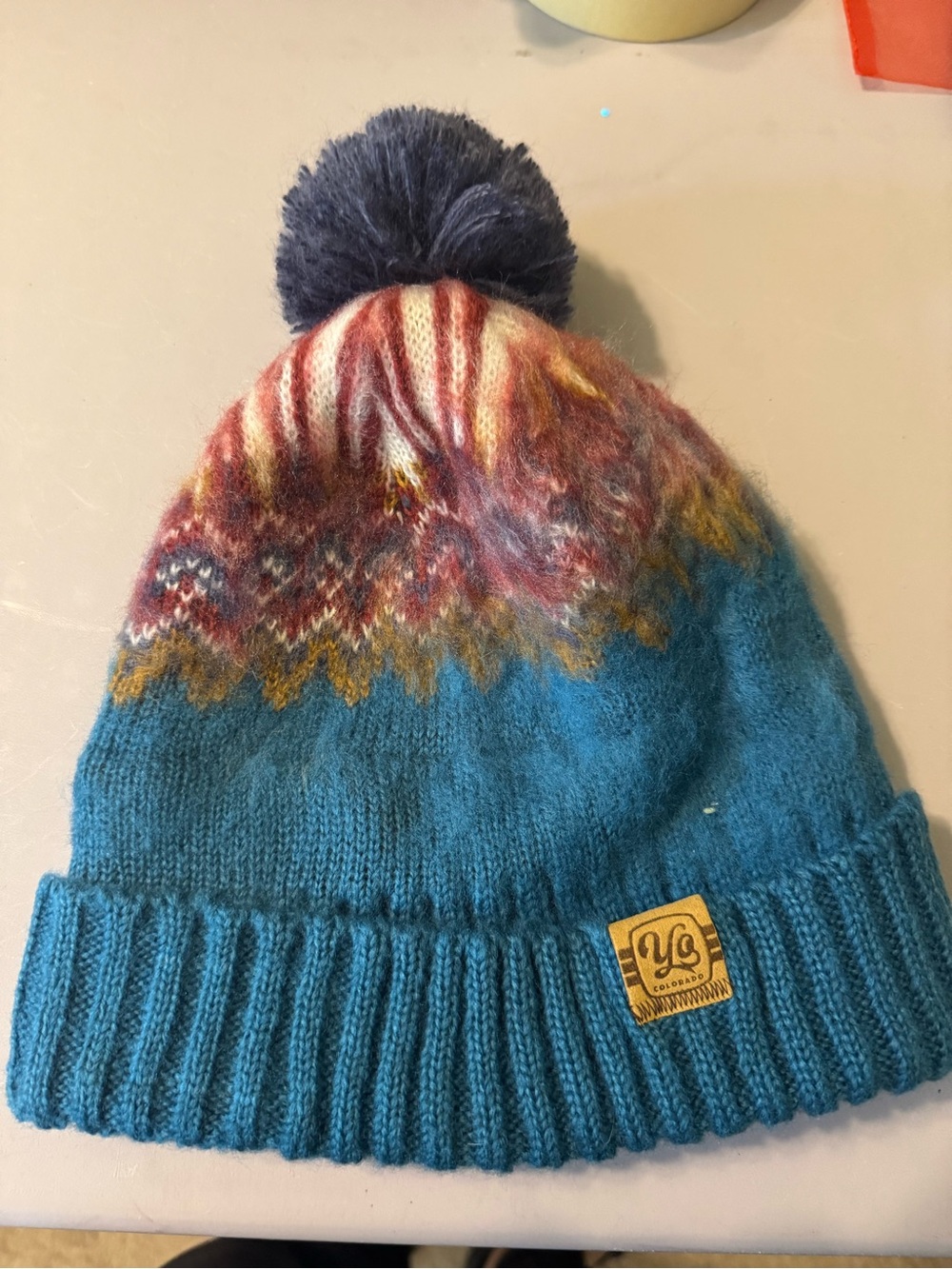 Cozy Knit Pom Beanie Hat - Teal Multicolor